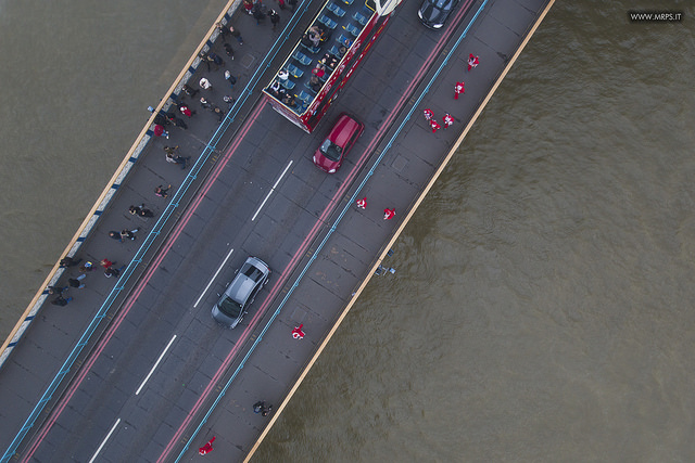 Santas' marathon: a view from the Tower Bridge glassfloor